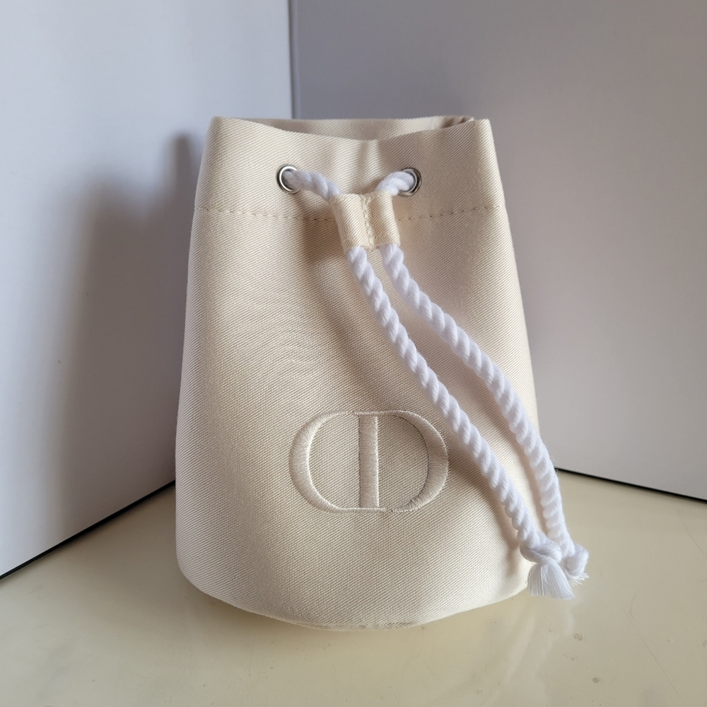 Dior Beauty Beige Drawstring Mini Bucket Bag Twilled Fabric Embroidered Logo
